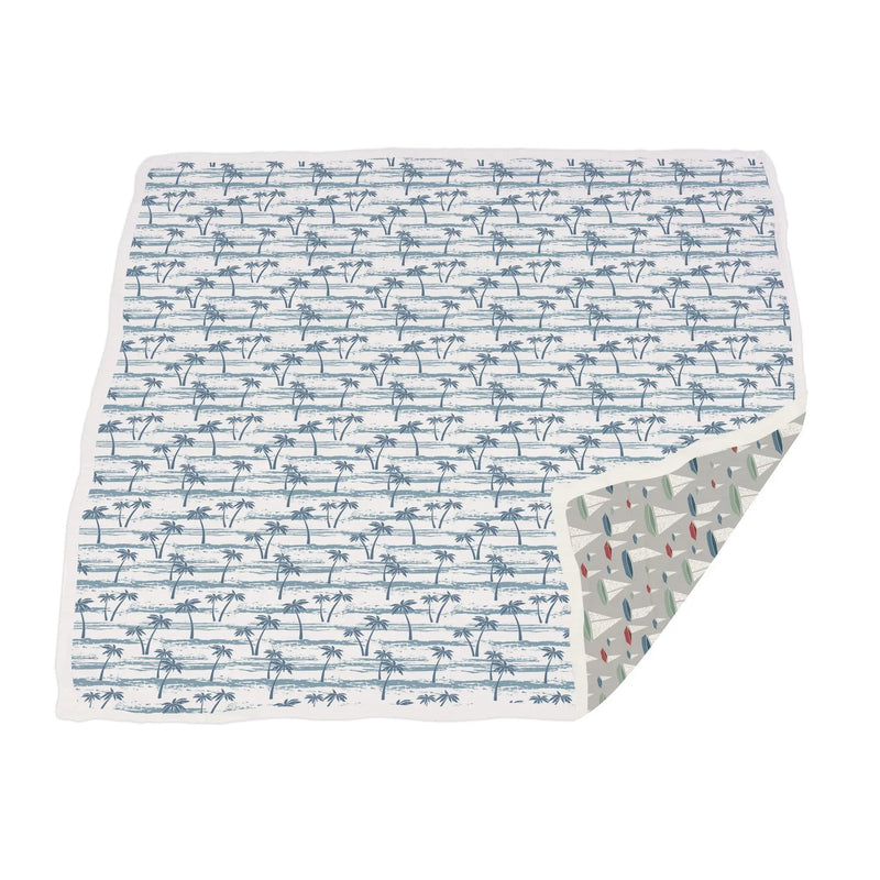 Ocean palm trees bamboo muslin blanket with sailboats, 47x47 inches.