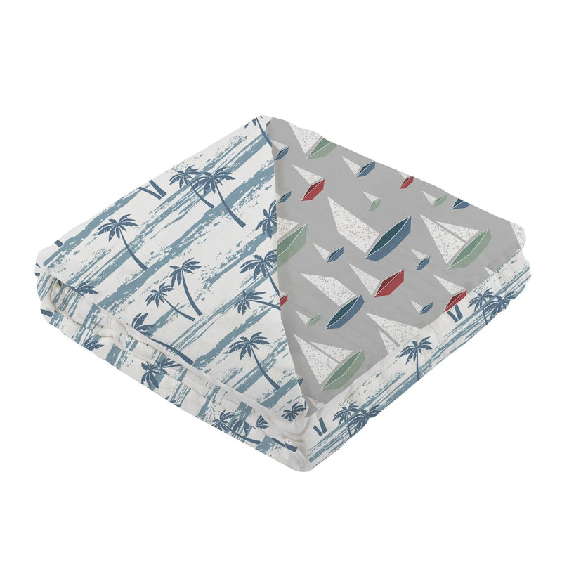 Ocean Palm Trees and Marina Sailboats Bamboo Blanket in blue and green tones.