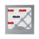Blue and Red Fire Trucks and Buffalo Check Plaid Newcastle Blanket by Newcastle Classics at Everetts Place