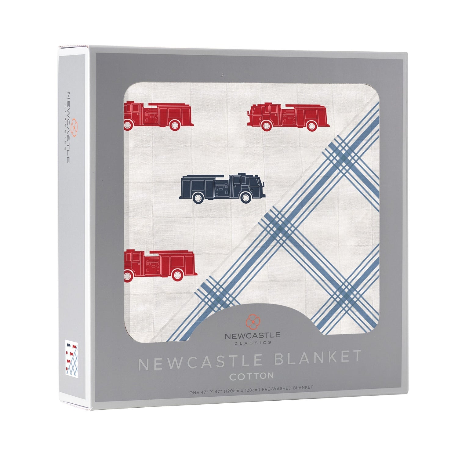 Blue and Red Fire Trucks and Buffalo Check Plaid Newcastle Blanket by Newcastle Classics at Everetts Place