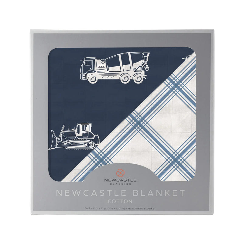 Things That Go and Buffalo Check Plaid Newcastle Blanket, four-layer 100% natural cotton muslin, 47"x47", cozy and breathable for kids.