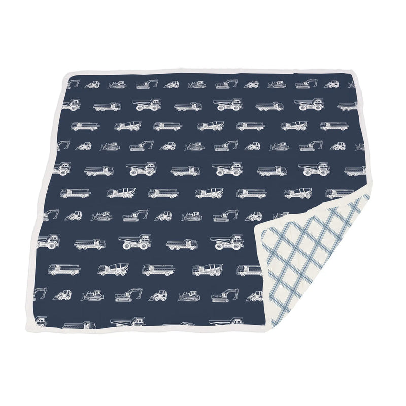 Things That Go and Buffalo Check Plaid Newcastle Blanket with vehicle pattern on navy background, cotton muslin, size 47" x 47".