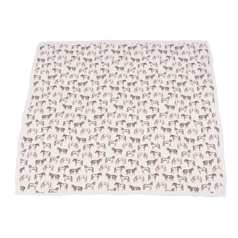 Wild Horses Bamboo Newcastle Blanket, four-layer 100% bamboo muslin, 47"x47", soft and breathable.
