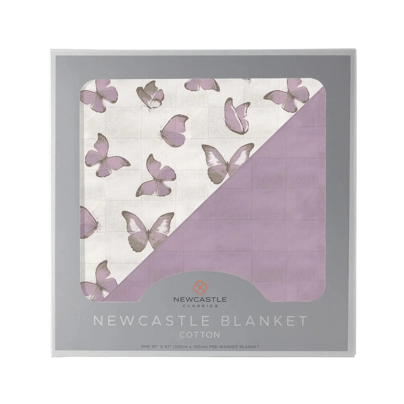 Winsome Butterflies and Orchid Lavender Cotton Newcastle Blanket with butterfly design, 100% cotton muslin, 47"x47".