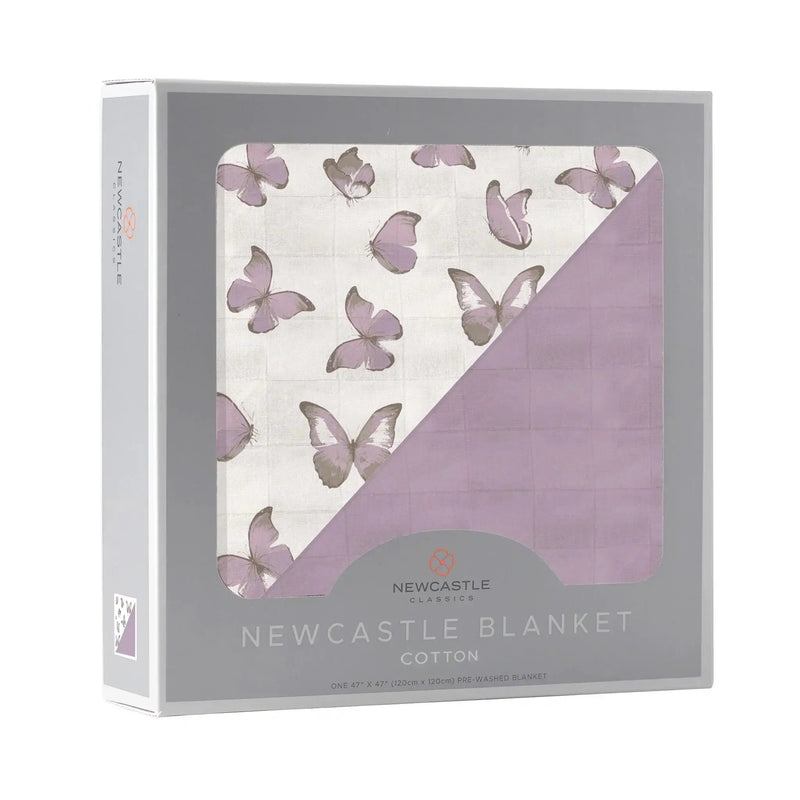 Winsome Butterflies and Orchid Lavender Newcastle cotton blanket in box.