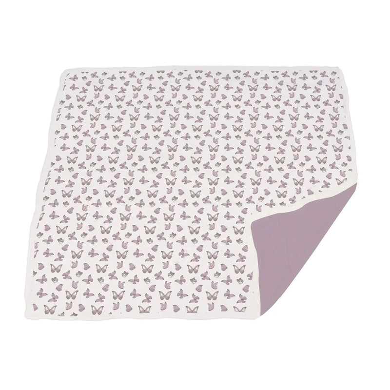 Lavender cotton blanket with butterfly and orchid design, 47x47 inches.