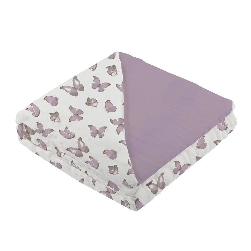 Winsome Butterflies and Orchid Lavender Cotton Newcastle Blanket, 100% natural cotton muslin, 47" x 47".