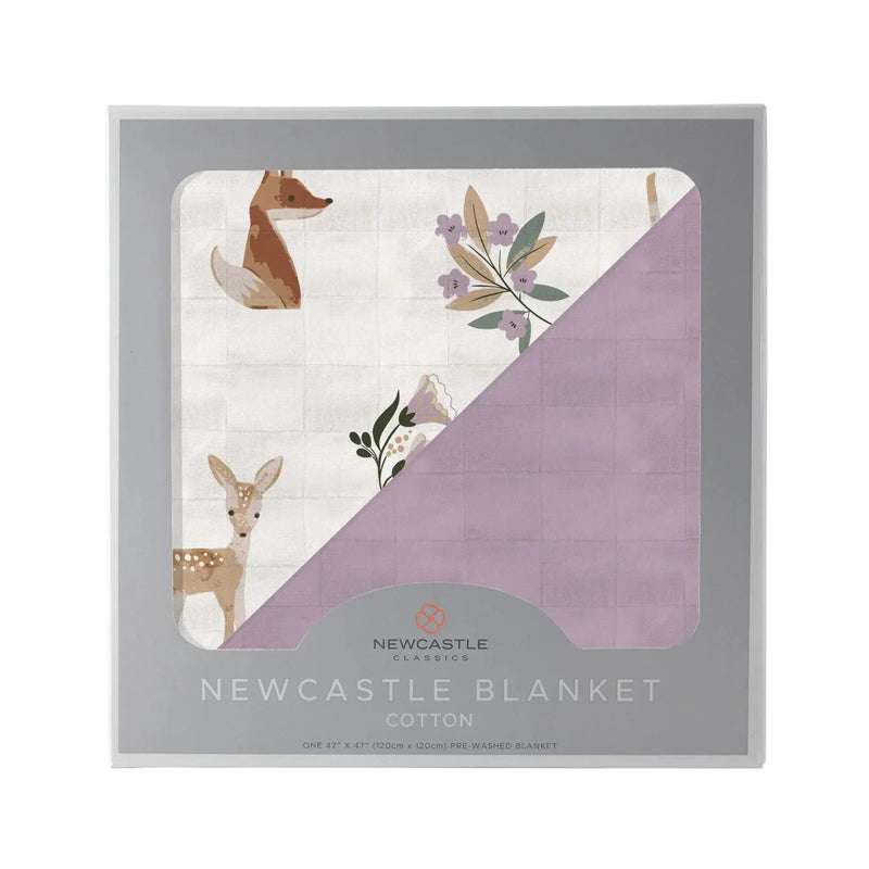 Sierra Fox and Deer design cotton muslin blanket with orchid lavender accents, 47" x 47".