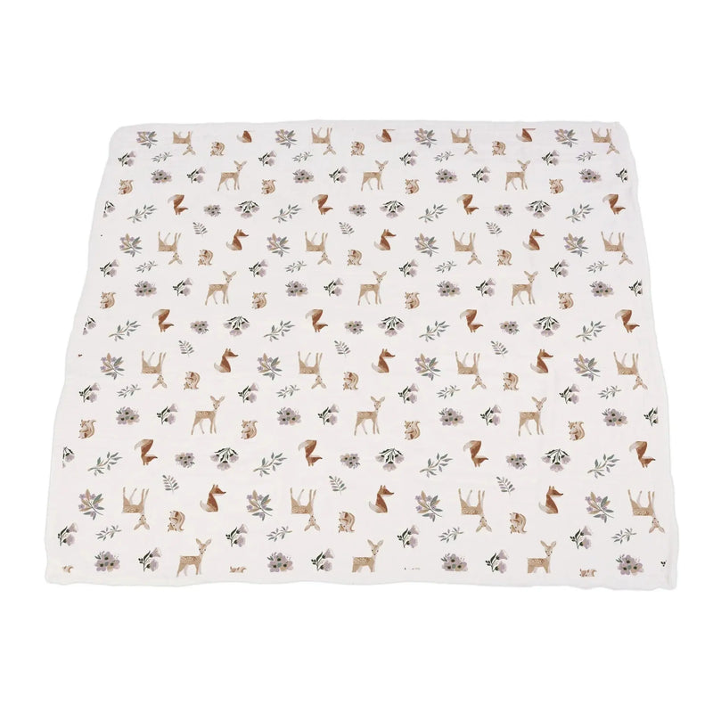 Sierra Fox and Deer and Orchid Lavender cotton Newcastle blanket with four-layer natural muslin, 47" x 47".