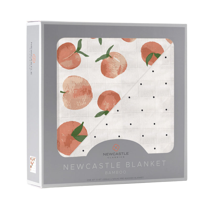 Carnelian Peaches and Polka Dot Newcastle Blanket in Bamboo Muslin.