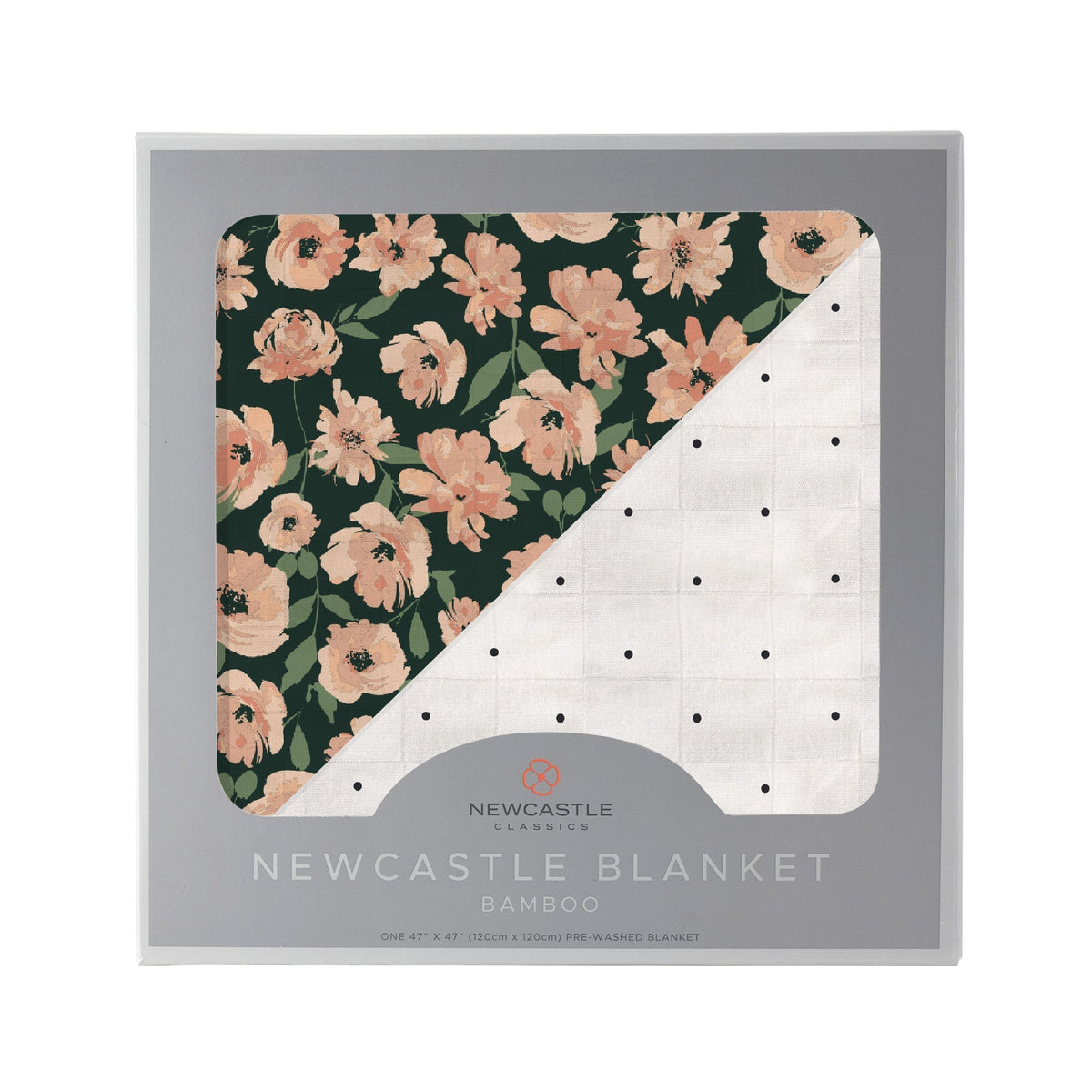 Muslin baby blanket with canyon sunset flower print and scattered white polka dots