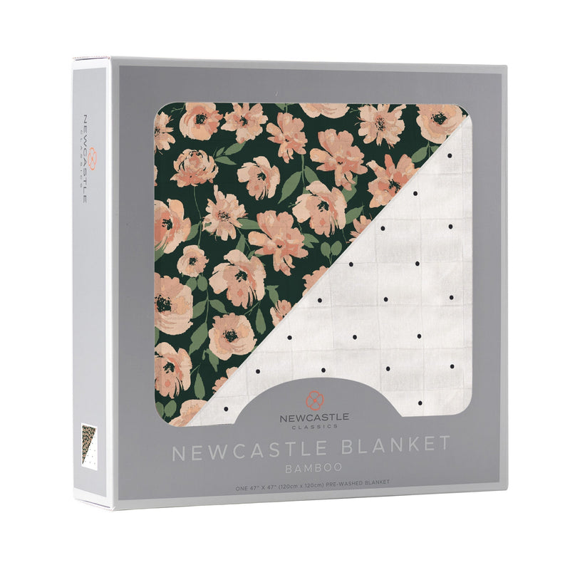 Canyon Sunset Flowers and White Polka Dot Newcastle Blanket in box.