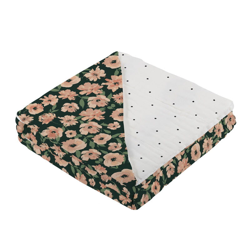 Canyon Sunset Flowers and White Polka Dot Blanket, 100% Bamboo Muslin.