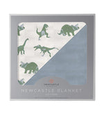 Cotton muslin blanket with granite green dinosaurs on one side and blue fog on the other
