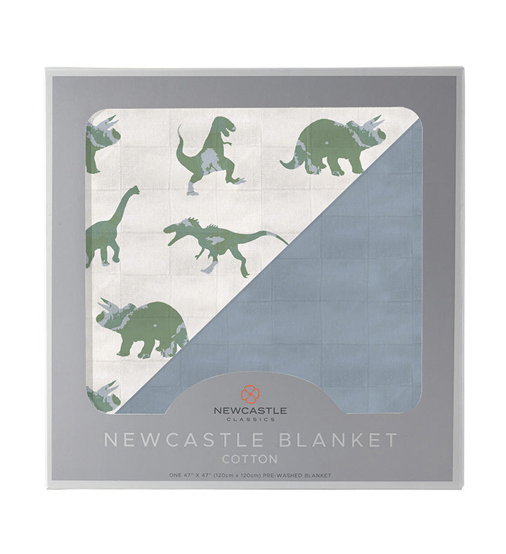 Cotton muslin blanket with granite green dinosaurs on one side and blue fog on the other