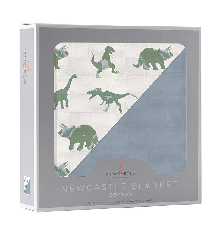 Granite Green Dinosaurs and Blue Fog Cotton Newcastle Blanket in box, 100% natural muslin cotton.