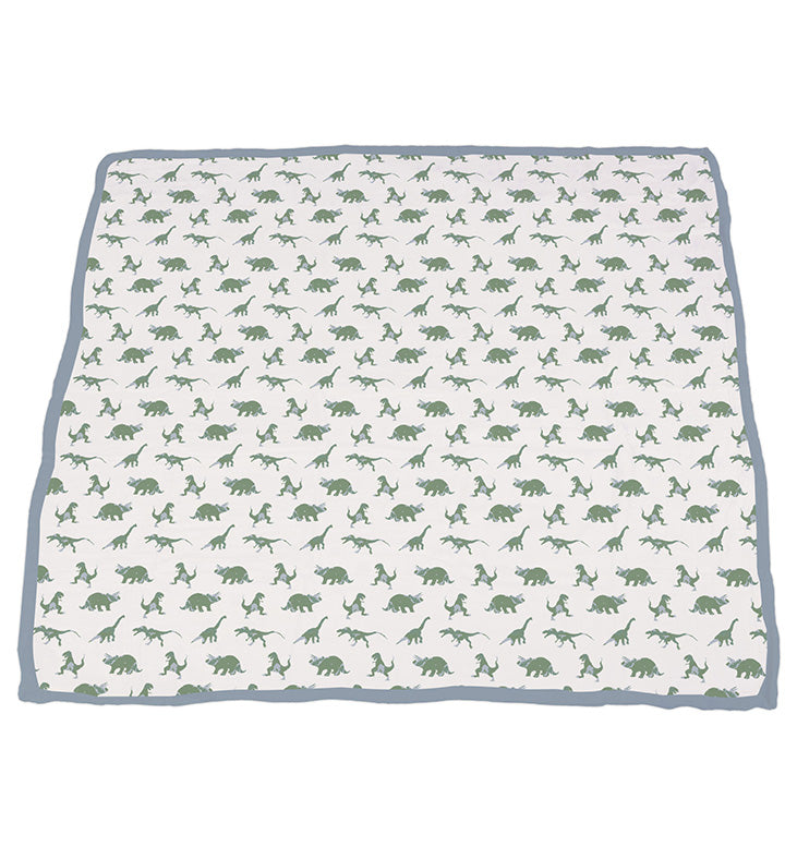 Granite Green Dinosaurs and Blue Fog Cotton Newcastle Blanket, 100% natural cotton, breathable muslin, 47" x 47".