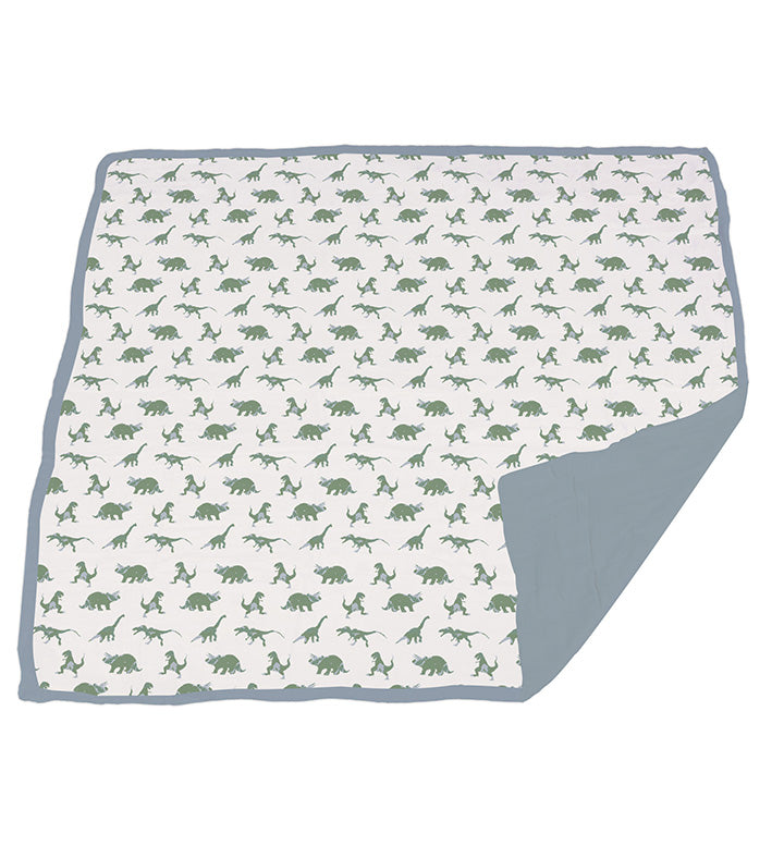 Granite Green Dinosaurs and Blue Fog Cotton Newcastle Blanket, 100% natural cotton, 47" x 47".
