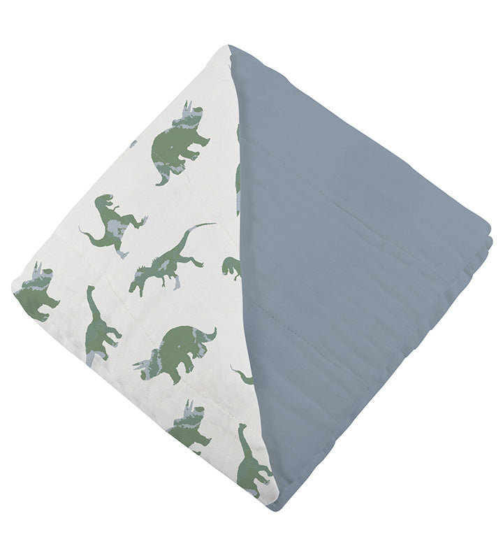 Granite Green Dinosaurs cotton blanket with blue fog lining, 100% natural muslin.