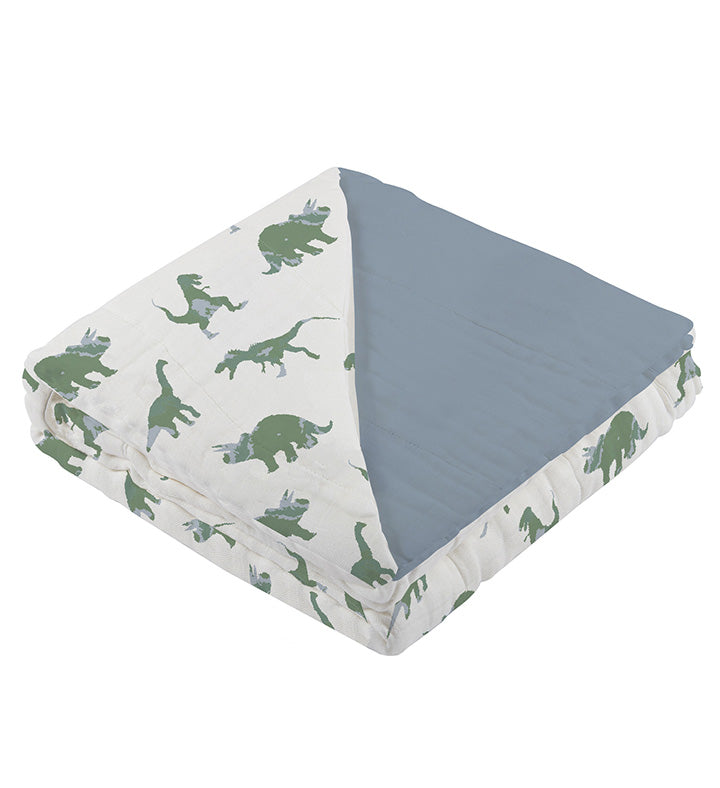 Granite Green Dinosaurs Cotton Muslin Blanket with Blue Fog Layer, 47 x 47 inches.