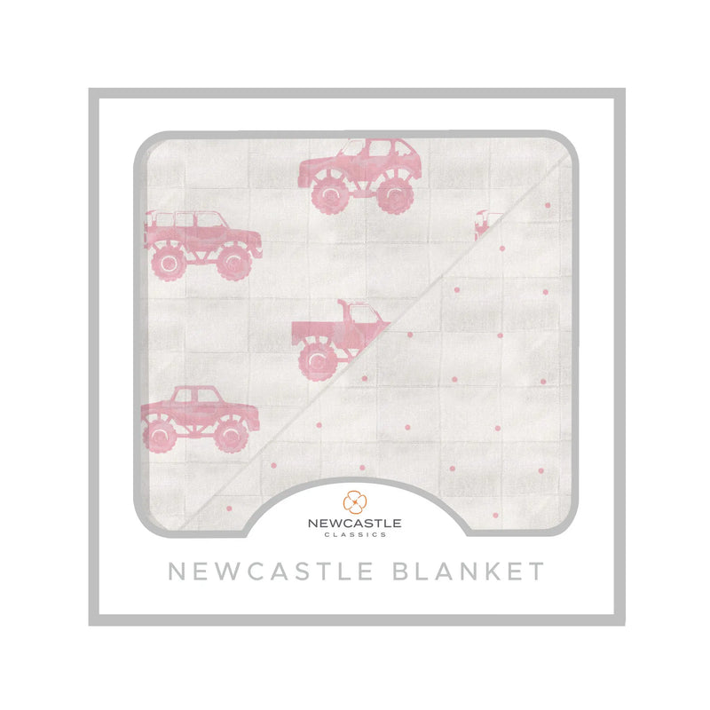 Pink Monster Trucks & Pink Polka Dot Newcastle Blanket made of 100% bamboo muslin, 47" x 47", cozy and breathable.