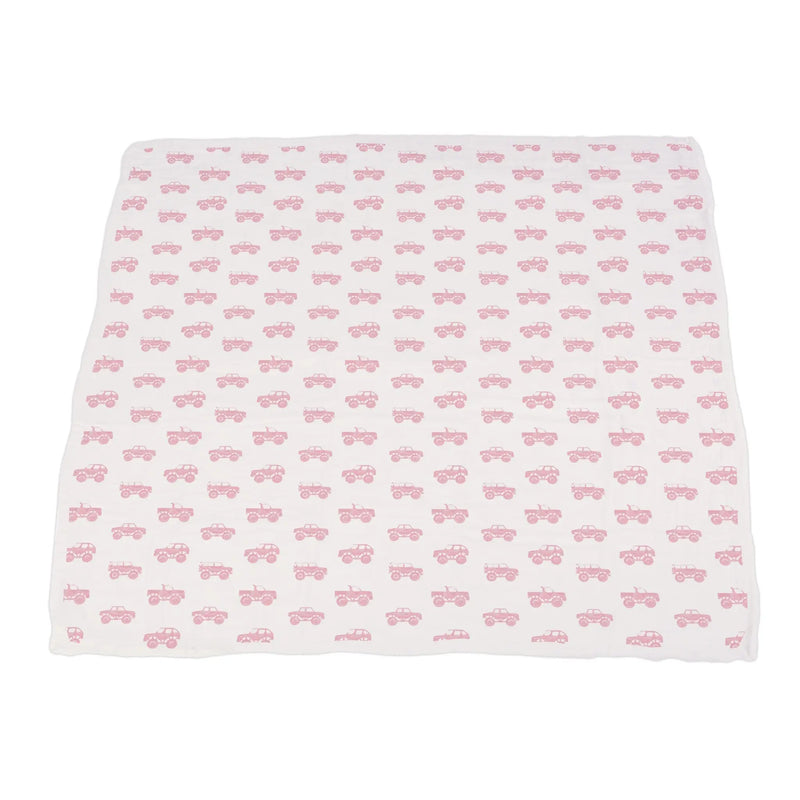 Pink Monster Trucks and Polka Dot Bamboo Muslin Blanket, 100% natural bamboo, 47x47 inches.