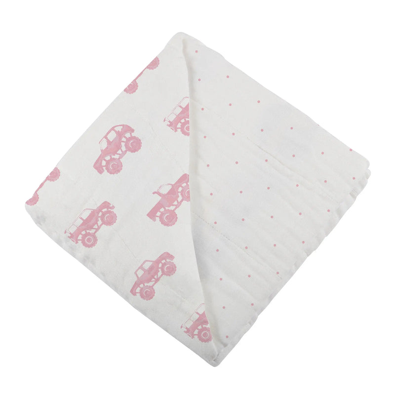 Bamboo blanket with pink monster trucks and polka dots, 47" x 47".