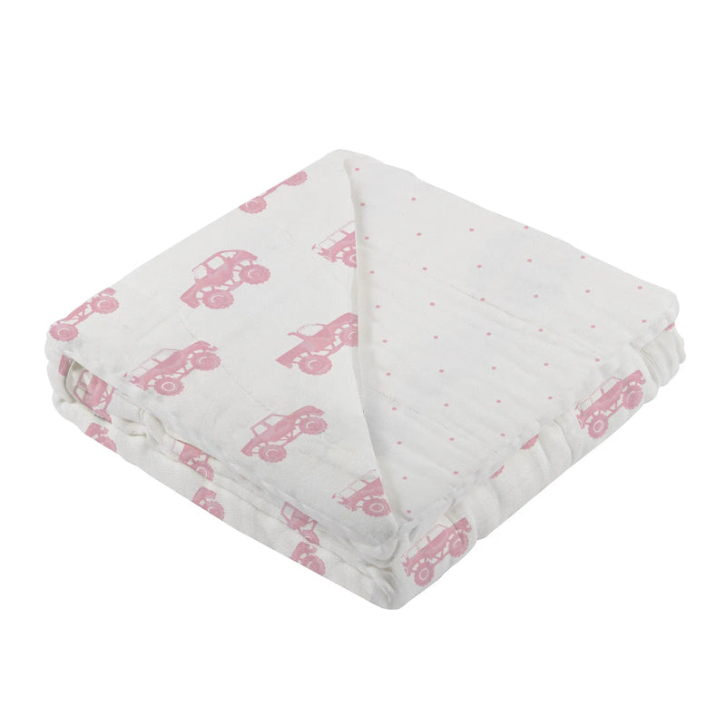 Pink Monster Trucks and Polka Dot Bamboo Blanket made from 100% natural bamboo muslin, 47" x 47".