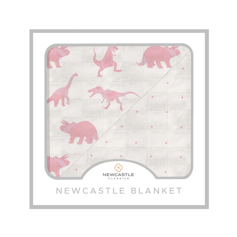 Pink Dinosaurs & Pink Polka Dot Bamboo Newcastle Blanket in 100% natural bamboo muslin, 47"x47".