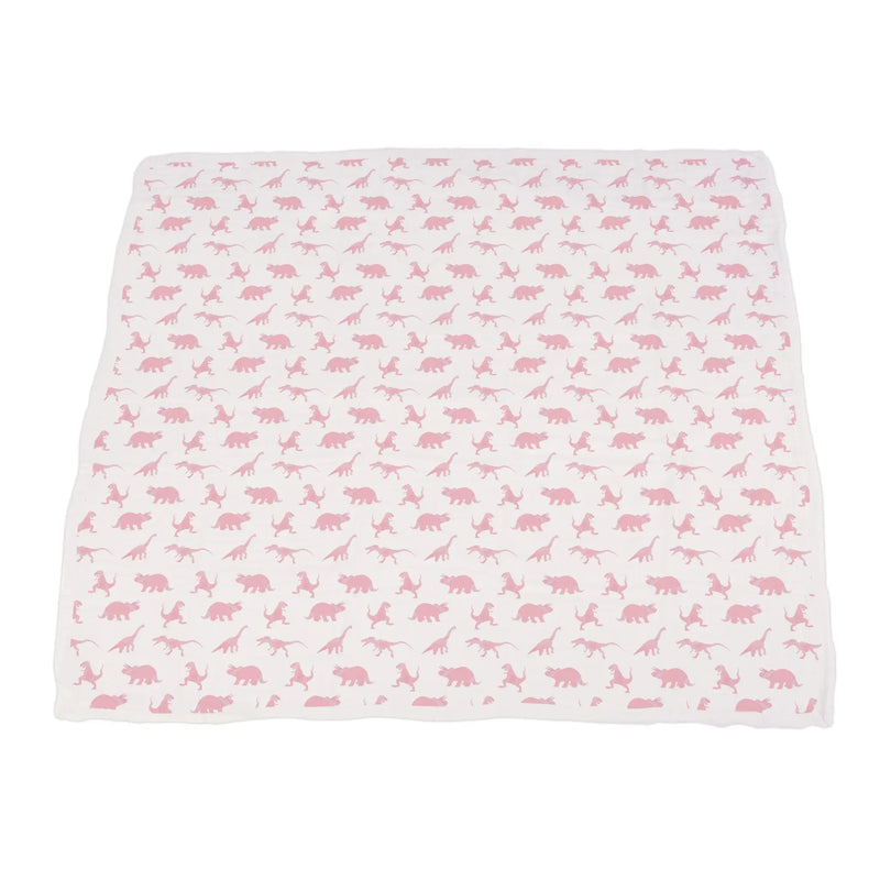 Pink dinosaurs and polka dot bamboo muslin blanket, 47" x 47", soft and breathable.