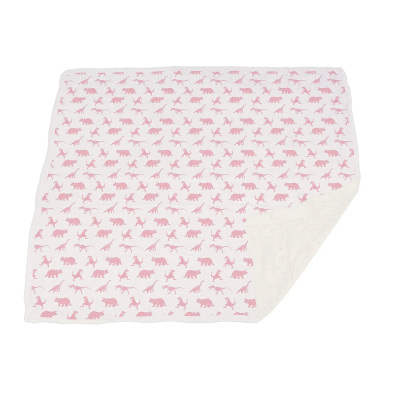 Pink dinosaur and polka dot bamboo muslin blanket, cozy and breathable for kids.