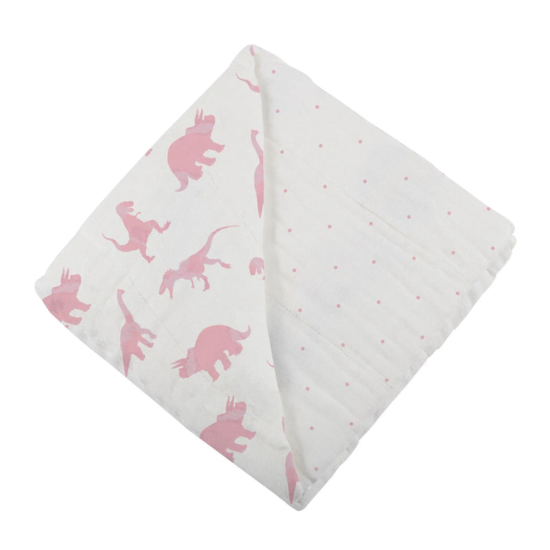 Pink dinosaur and polka dot bamboo blanket, 47" x 47", soft, breathable, 100% natural muslin.