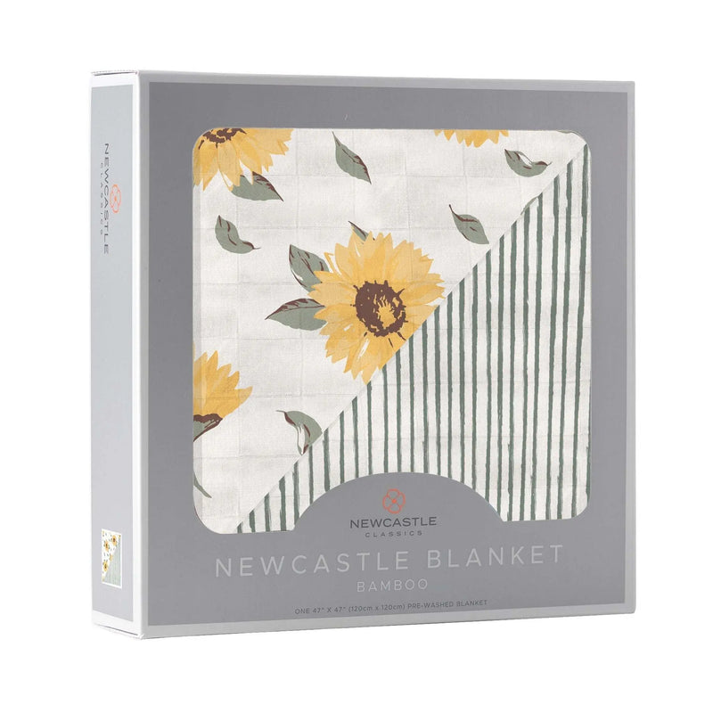 Sunflower Farm and Sage Green Stripe Newcastle Blanket in packaging, made from 100% natural bamboo muslin.