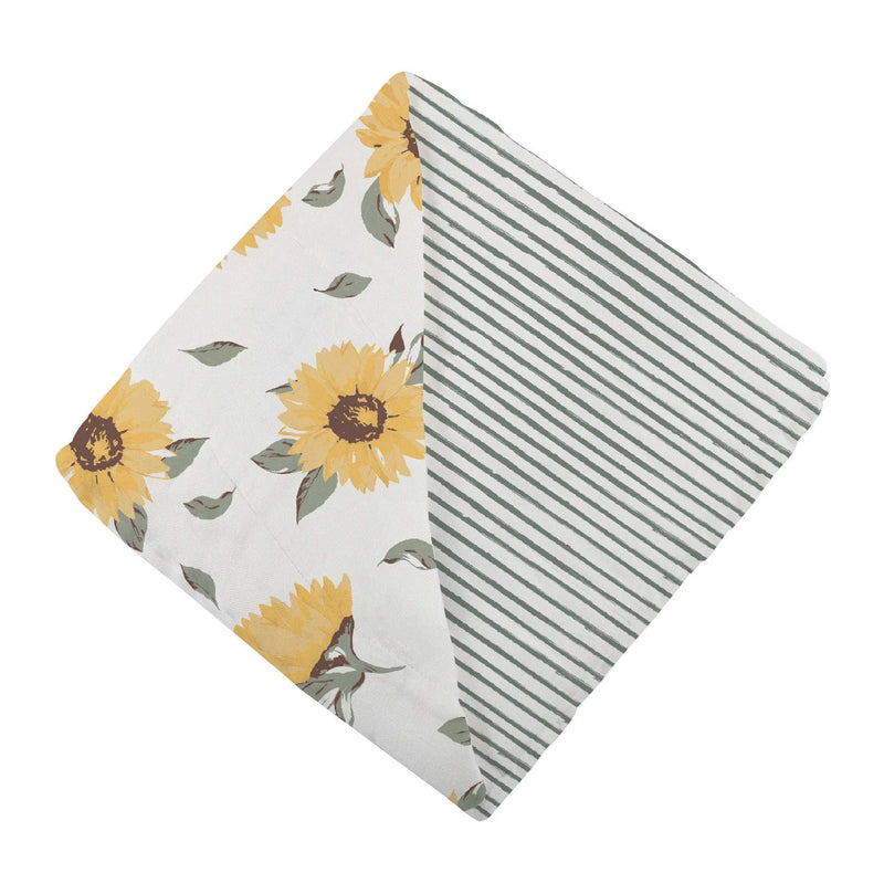 Sunflower Farm and Sage Green Stripe Newcastle Blanket made of 100% natural bamboo muslin, 47x47 inches.