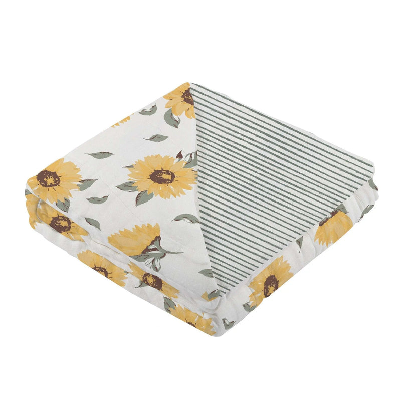 Sunflower Farm and Sage Green Stripe Blanket, 100% Bamboo Muslin, 47"x47".