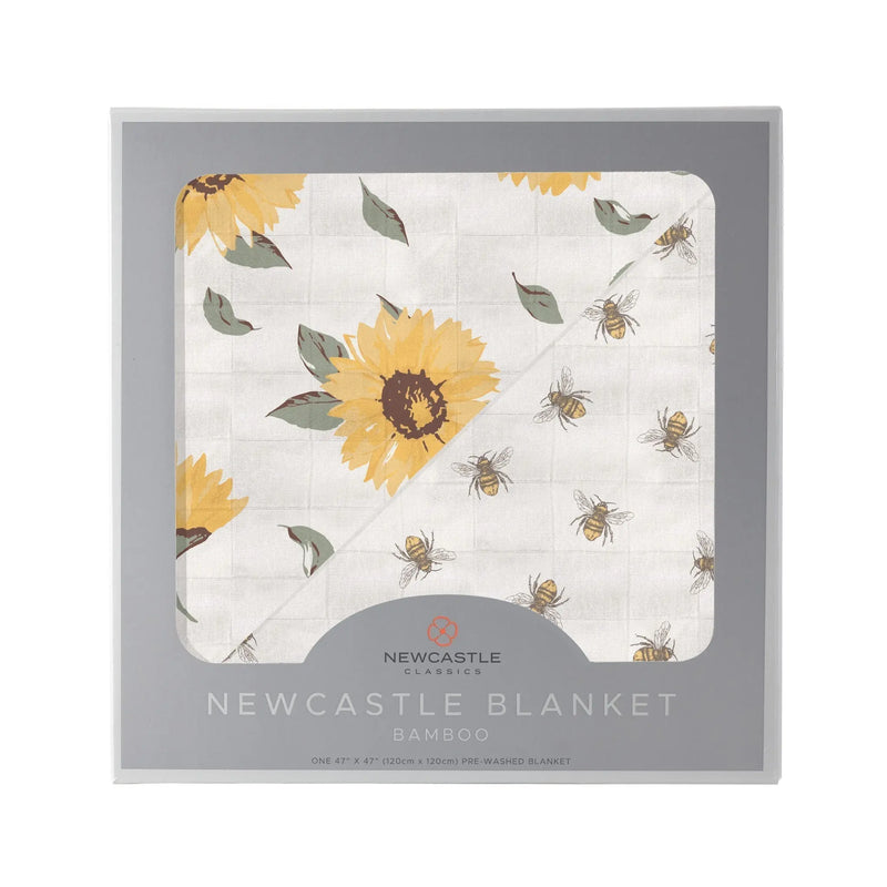 Sunflower Farm and Honey Bee Newcastle Blanket with sunflower and bee design, 100% natural bamboo muslin.