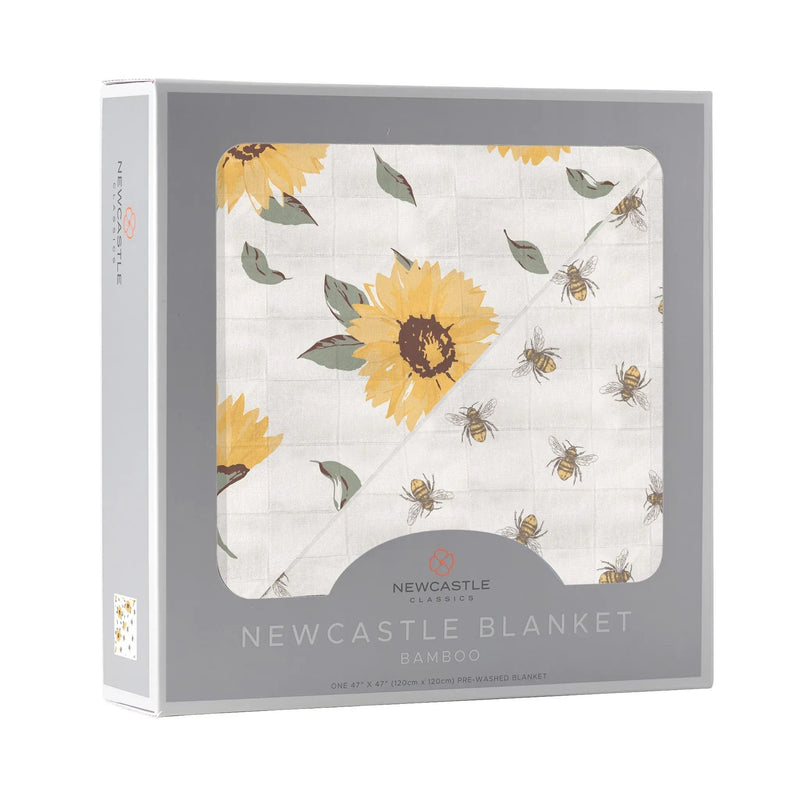 Sunflower Farm and Honey Bee Newcastle Blanket, 100% natural bamboo muslin, featuring sunflower and bee design, 47" x 47".