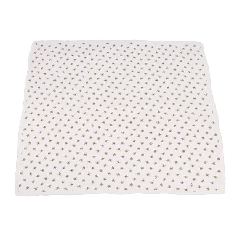 Sunflower Farm and Honey Bee Newcastle Blanket in white with bee pattern, natural bamboo muslin, 47" x 47".