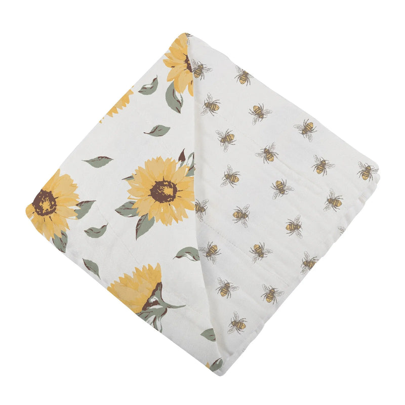 Sunflower Farm and Honey Bee Newcastle Blanket made of bamboo muslin, featuring sunflower and bee design.
