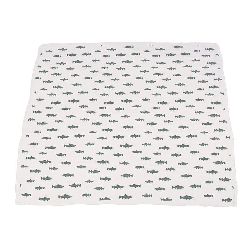 Gone Fishing and Hunter's Camo Bamboo Throw Blanket with fish pattern, 100% bamboo muslin, size 50” x 70”.