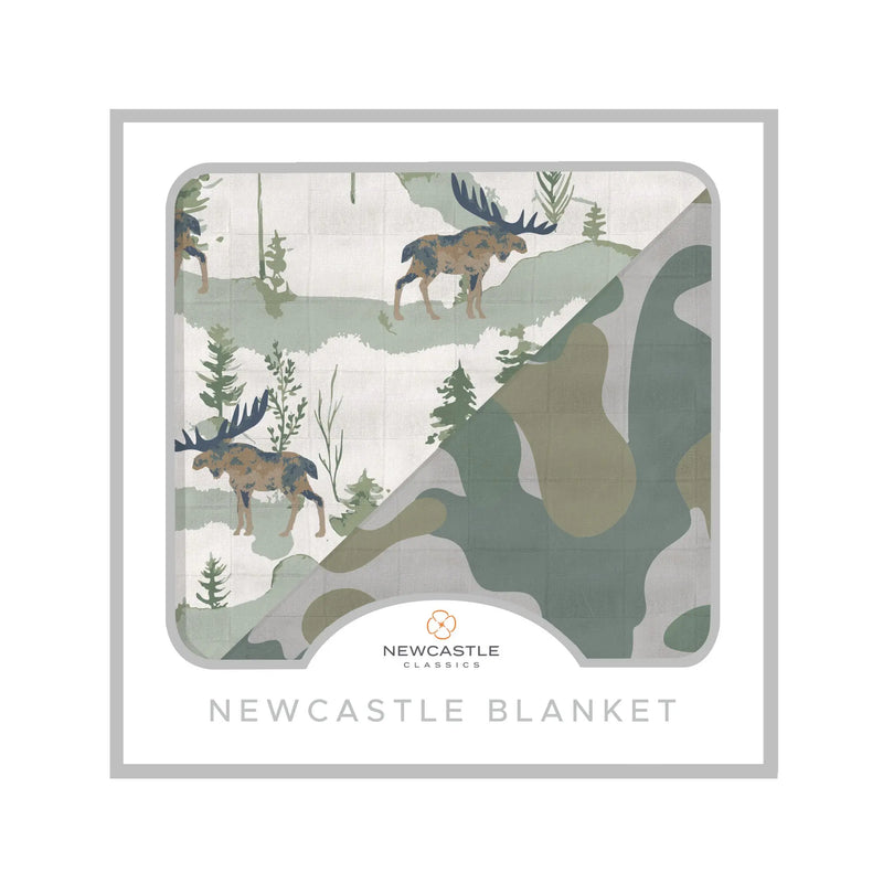 Mountain Moose and Hunter's Camo Newcastle Blanket made of 100% natural bamboo muslin.