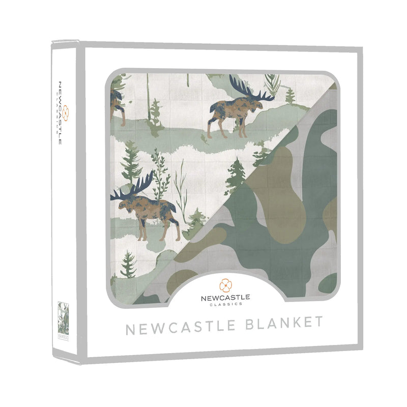 Mountain Moose and Hunter's Camo Newcastle Blanket in bamboo muslin packaging.