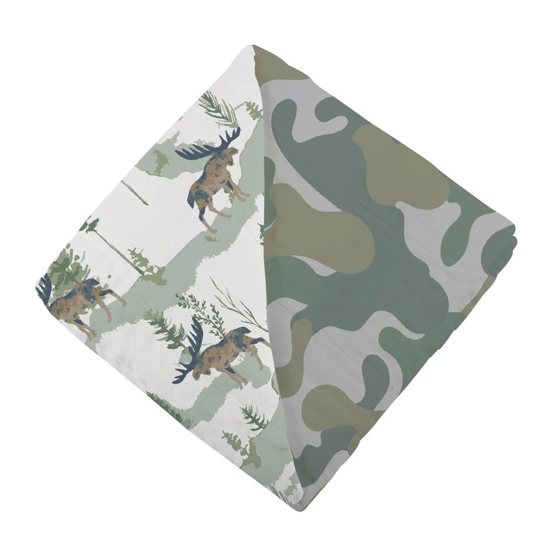 Mountain Moose and Hunter's Camo Newcastle Blanket made of 100% natural bamboo muslin, 47"x47".