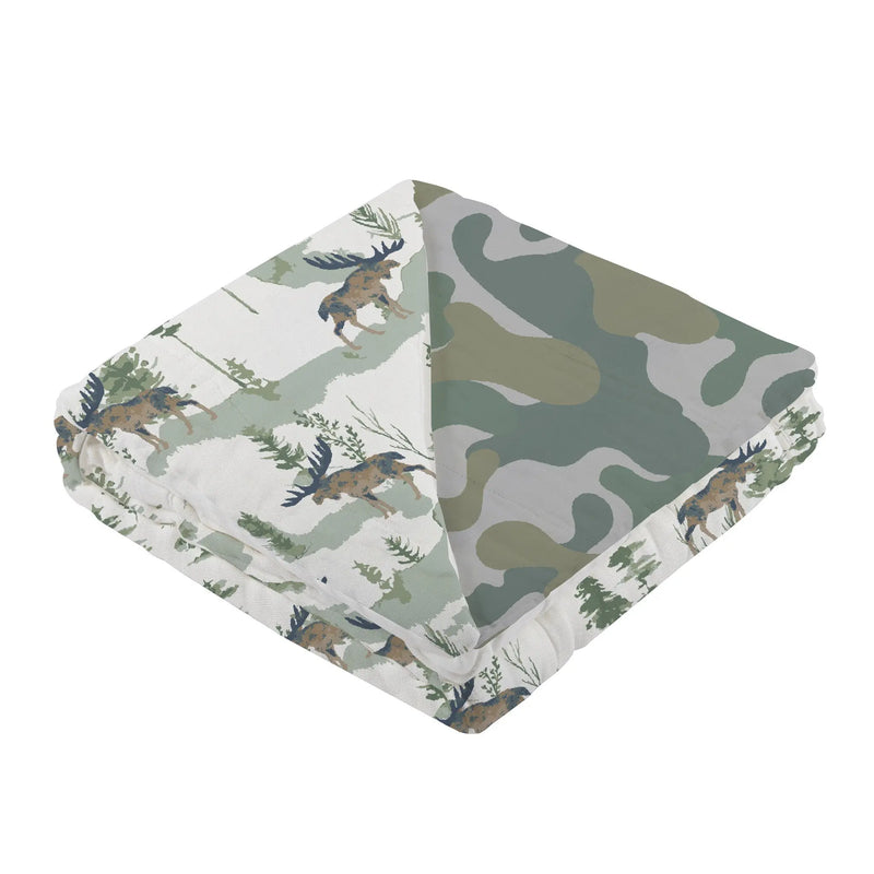 Mountain Moose and Hunter's Camo blanket made from 100% bamboo muslin, folded and ready for snuggling.
