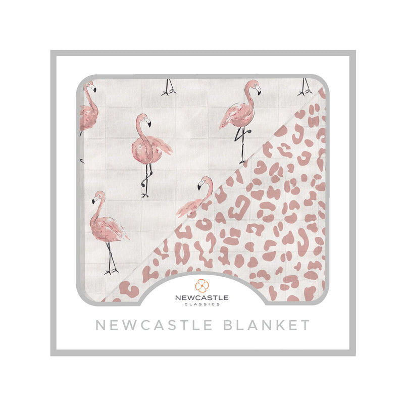 Dancing flamingo and little leopard pattern bamboo muslin blanket.