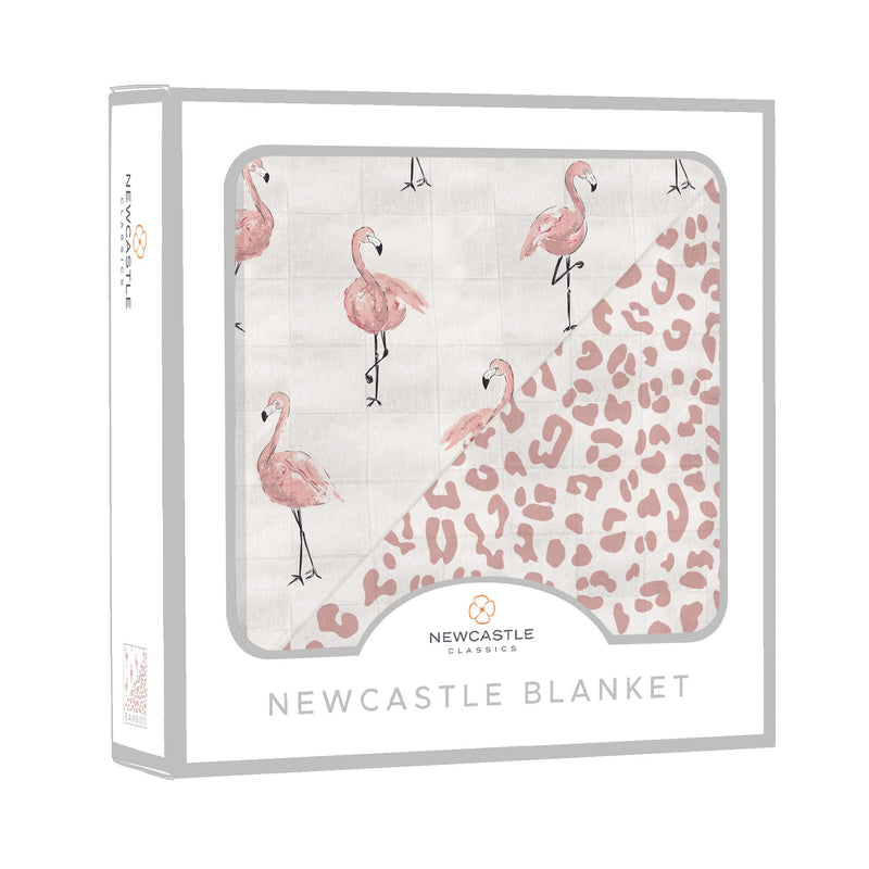 Dancing Flamingo and Little Leopard Newcastle Blanket in bamboo muslin.