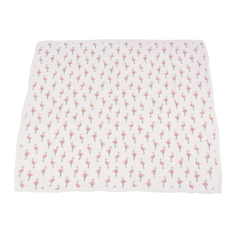 Dancing Flamingo pattern on a soft bamboo muslin blanket.
