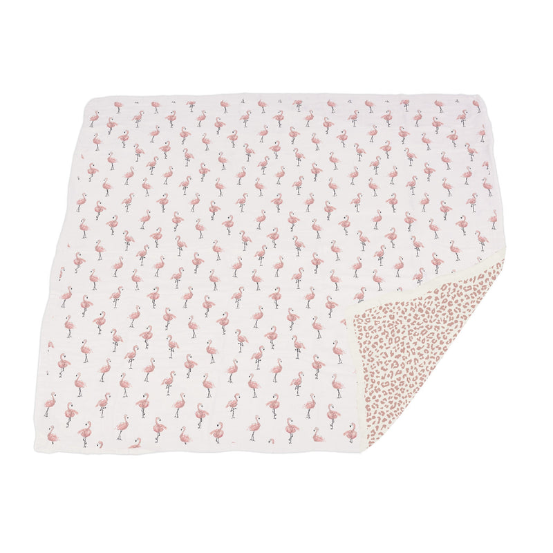 Kids bamboo muslin blanket with dancing flamingo and little leopard design, 47"x47".