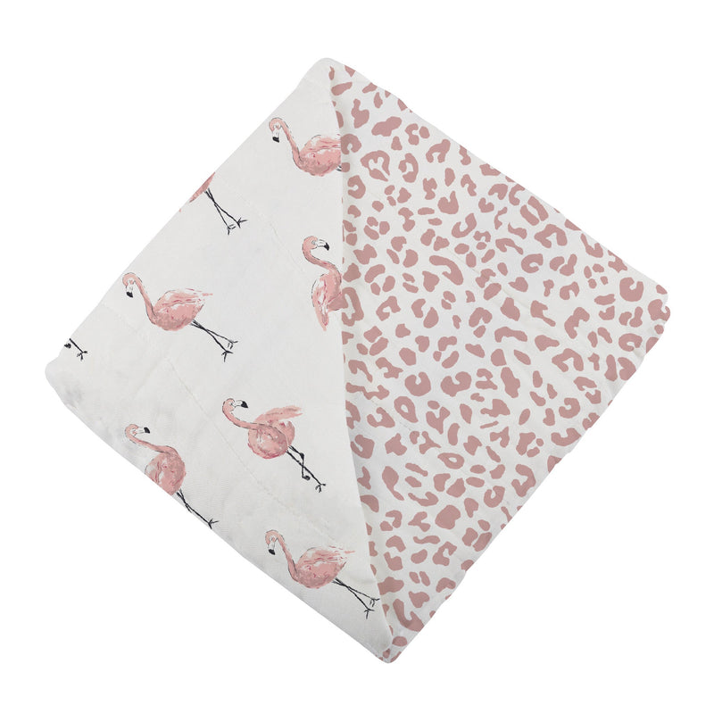 Dancing Flamingo and Little Leopard bamboo muslin blanket for kids, 47" x 47", cozy and breathable.