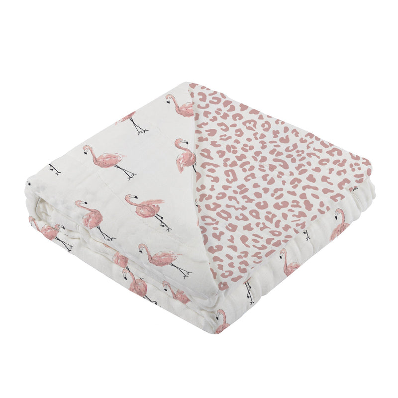 Dancing Flamingo and Little Leopard print bamboo muslin blanket, 47" x 47", cozy and breathable.